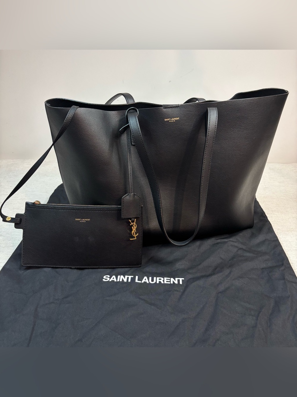 Saint Laurent Black Leather shopper Tote with Pouch Gold charm shoulder bag